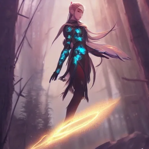 A detailed and intricate digital art piece in a cinematic style,a high elf with 21 years old and turquoise eyes who has fairy wings on his back, he is wearing an elegant white and gold tunic, light curly hair, casting a bright large-scale magical spell around herself, overflowing energy, he is in a magical forest, highly detailed, digital painting, trending on artstation, pixiv, concept art, sharp focus, illustration, art by Ross Tran and Greg Rutkowski and Walt Disney animation