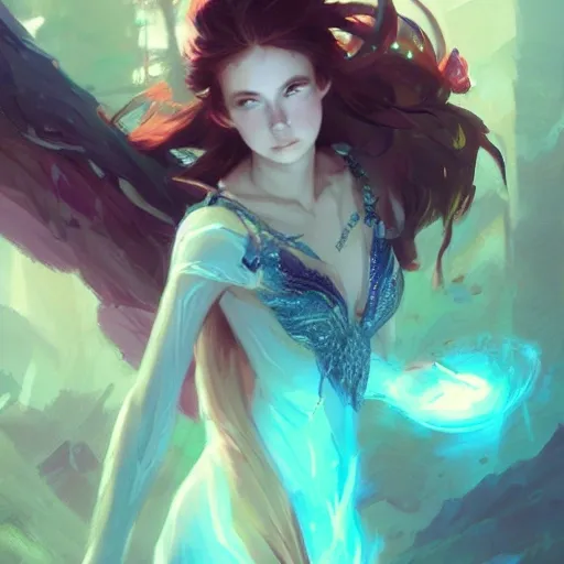 A detailed and intricate digital art piece in a cinematic style,a high elf with 21 years old and turquoise eyes who has fairy wings on his back, he is wearing an elegant white and gold tunic, light curly hair, casting a bright large-scale magical spell around herself, overflowing energy, he is in a magical forest, highly detailed, digital painting, trending on artstation, pixiv, concept art, sharp focus, illustration, art by Ross Tran and Greg Rutkowski and Walt Disney animation