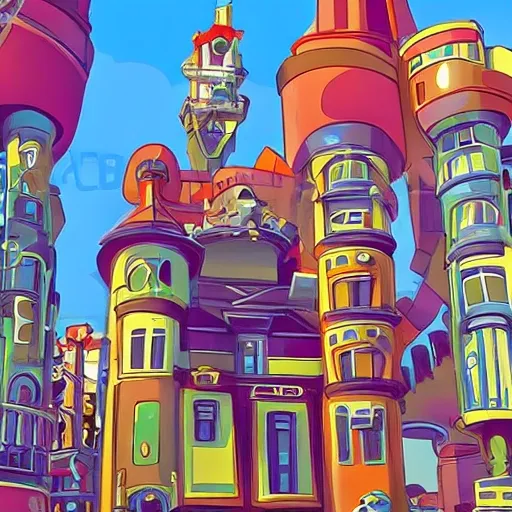 a futurist city with an old styled boy, disney style