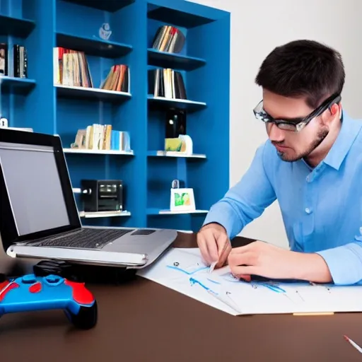 Design professional man designing with laptop, magic space, blue ...