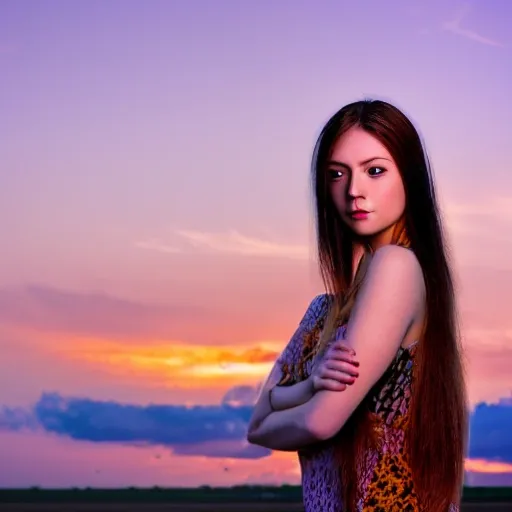 Girl with long hair Airport sunset in the background ,8k ,Towards the viewer