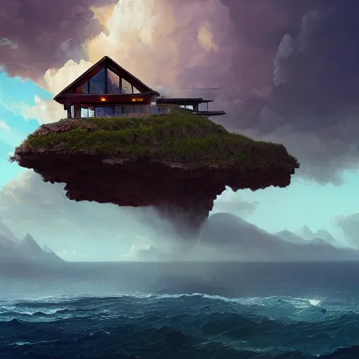 lovely a - frame home sits atop a broad cliff, overlooking the entirety of the blue sky, digital painting by greg rutkowski and gaston bussiere, zbrush, cgsociety contest winner, comprehensive art, intricate, landscape photography, brightly radiant atmosphere, overcast sky, homogeneous to hawaii, 4 k, 8 k