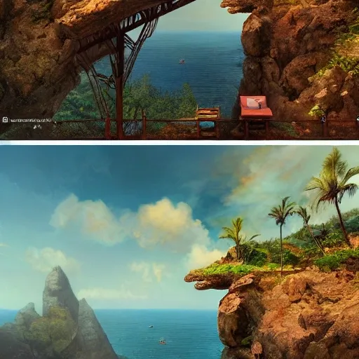 lovely a - frame home sits atop a broad cliff, overlooking the entirety of the blue sky, digital painting by greg rutkowski and gaston bussiere, zbrush, cgsociety contest winner, comprehensive art, intricate, landscape photography, brightly radiant atmosphere, overcast sky, homogeneous to hawaii, 4 k, 8 k