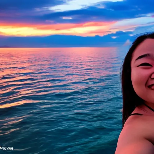 Sunset, ocean, selfie, Asia, facing the viewer, 8 k, no camera equipment shown