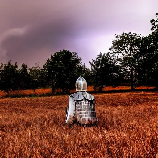 a lonely and sad knight sitting on a field of grass in a thunderstorm