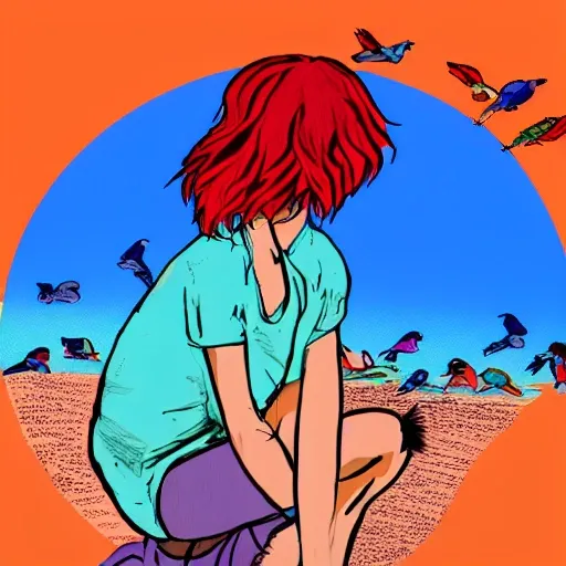 best quality, very detailed, absurdres, 8k, comic, [viewfinder], one lady with long [blue|red]hair is sitting on ground, birds around her, blue sky+[orange sun], 
