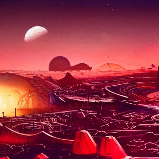 lunar landscape with a futuristic city, a large alley where an angry mob walks on strange futuristic animals, ships attacking the crowd rushing from the air, red and blazing sky in the background