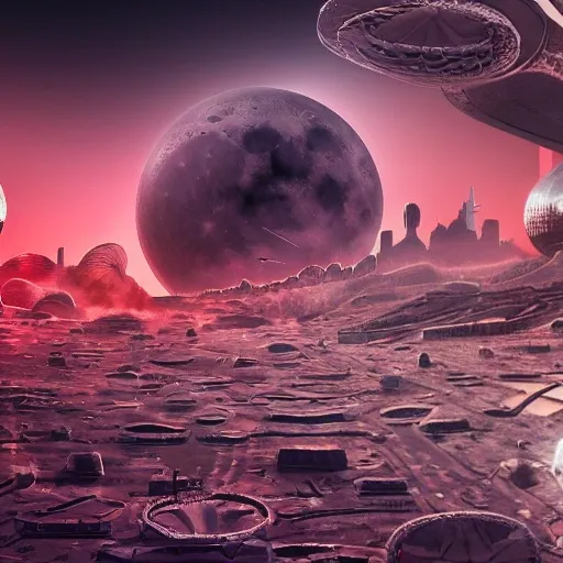 lunar landscape with a futuristic city, a large alley, an angry ...