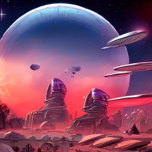 lunar landscape with a futuristic city, a large alley, an angry mob walks on strange futuristic animals, ships attacking the crowd rushing from the air, red and blazing sky in the background, , Trippy