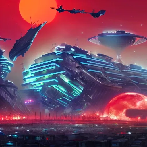 futuristic city, a large alley where an angry mob walks on strange futuristic animals, ships attacking the crowd rushing from the air, red and blazing sky in the background in a lunar landscape