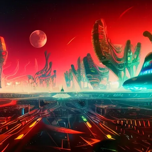 psychedelic futuristic city, a wide alley where an angry mob walks on strange futuristic animals, ships attacking the crowd rushing from the air, red and glowing sky in the background in a lunar landscape with lot of differents colors