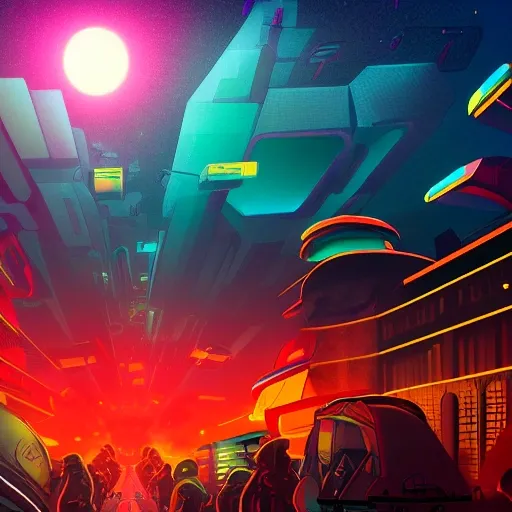 psychedelic futuristic city, wide alley with angry mobs on futuristic strange animals, spaceships attacking the crowd rushing from the air, red and glowing sky in the background in a moonscape