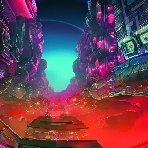 psychedelic futuristic city, wide alley with angry mobs on futuristic strange animals, spaceships attacking the crowd rushing from the air, red and glowing sky in the background in a moonscape, Trippy