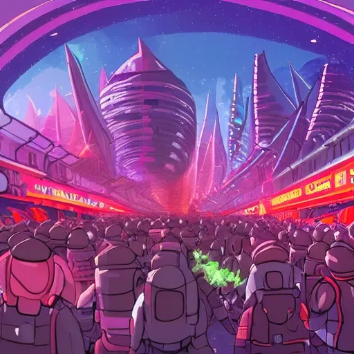 wide alley with angry mobs on futuristic strange animals, spaceships attacking the crowd rushing from the air, red and glowing sky in the background in a moonscape, psychedelic futuristic city, 