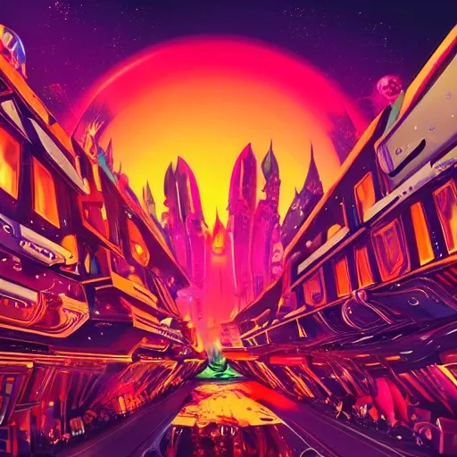 wide alley with angry mobs on futuristic strange animals, spaceships attacking the crowd rushing from the air, red and glowing sky in the background in a moonscape, psychedelic futuristic city, , Trippy