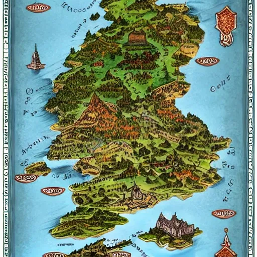 An illustrated fantasy country map of Scandinavia , tabletop game, detailed city, few towns, temples, ruis, ancient, medieval, fortress, dungeons, old, fantasy, ancient, lakes, rivers.