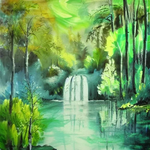 , Oil Painting, Water Color, bosque, verde, cascada
