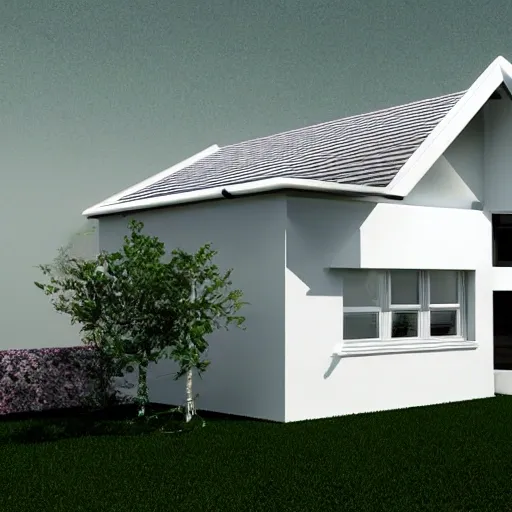 , 3D, house, 2 plants, white and black, big windows
