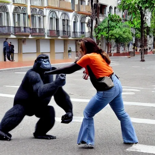 mujer grande peleando contra un gorila espalda plateada
