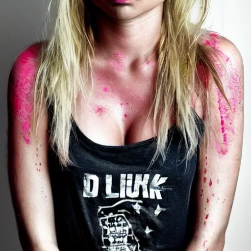 (1girl), medium breasts, tan, dewy skin, sweaty skin, wavy blonde hair, punk tshirt, punk girl