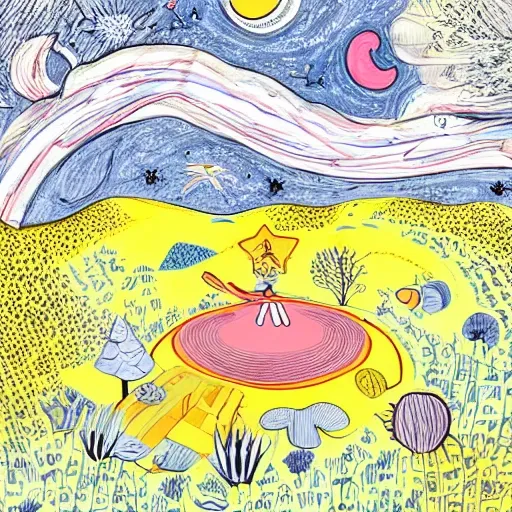 Hand-drawn illustration. Ícone de Observação de Estrelas: Desenhe um céu noturno com estrelas e uma pessoa deitada em um saco de dormir olhando para cima. Isso simboliza a oportunidade de fazer observação de estrelas e desfrutar da natureza noturna no parque.
