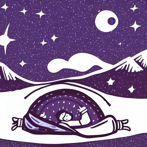 Hand-drawn illustration. Icon of Stargazing: Draw a night sky with stars and a person lying in a sleeping bag, looking upwards. This symbolizes the opportunity for stargazing and enjoying the nighttime nature in the park.