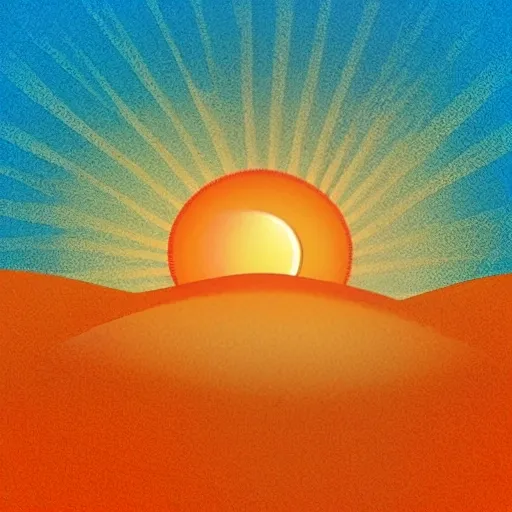Hand-drawn illustration. Icon of Sunrise: Draw an icon of the sun rising behind some sand dunes, creating a dramatic silhouette. This can represent the scenic beauty of the sunrise in Dunas Park.