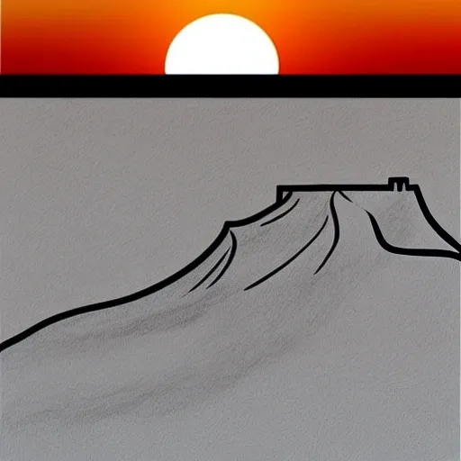 Hand-drawn illustration. Icon of Sunrise: Draw an icon of the sun rising behind some sand dunes, creating a dramatic silhouette. This can represent the scenic beauty of the sunrise in Dunas Park., Pencil Sketch