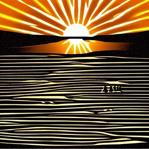 Hand-drawn illustration. Icon of Sunrise: Draw an icon of the sun rising behind some sand dunes, creating a dramatic silhouette. This can represent the scenic beauty of the sunrise in Dunas Park., 