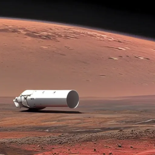 Elon Musk  arriving on Mars, with his Spaceship Starship, landing and walking