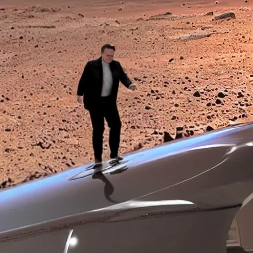 Elon Musk  arriving on Mars,  Spaceship Starship, landing and walking