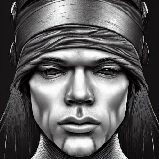 Generate an image of Axl Rose that combines elements of a human and a robot, creating a unique representation of a half-human, half-robot Axl Rose. Pay attention to facial and body details, as well as robotic design elements such as mechanical parts or cybernetic features. Make the image eye-catching and realistic, showcasing the fusion of Axl Rose's essence with the futuristic aesthetic of a robotic being., Pencil Sketch, Pencil Sketch