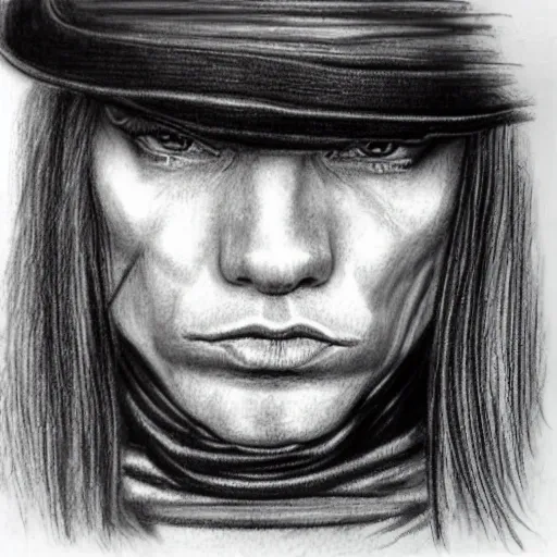 axl rose's face. left side as a human but right side as a robot, Pencil Sketch