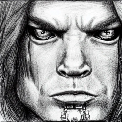 axl rose's face. left side as a human but right side as a terminator robot, Pencil Sketch