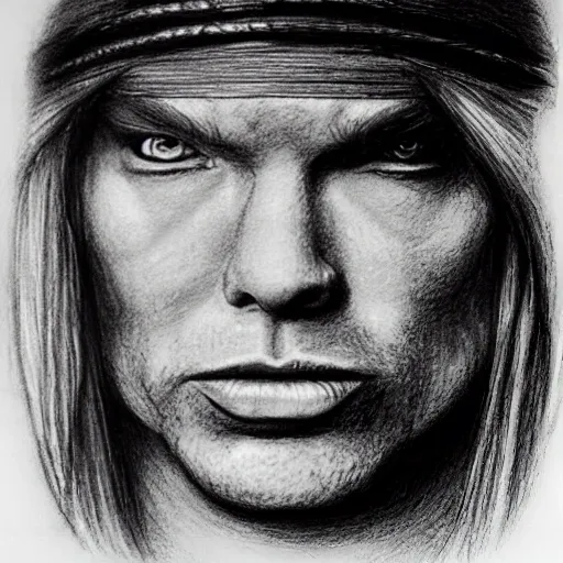 axl rose's face. left side as a human but right side as a terminator robot, Pencil Sketch