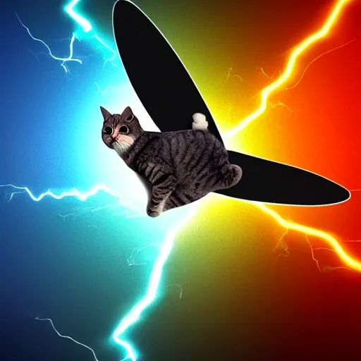 Cat fly in the sky, wings, lightning, 3D