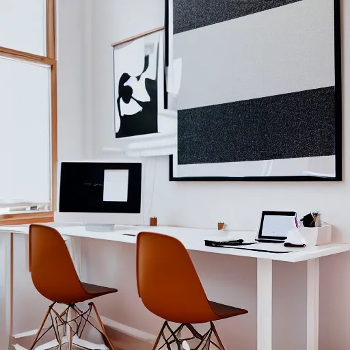 color photo of a modern printmaking studio
A sleek and modern printmaking studio, with a male professional sitting in front of a computer screen. He is pointing at the screen intently, wearing glasses and looking sharp with a clean and defined facial structure. The studio is well-lit with work-light, allowing for high detail and hyper quality prints. The decor is inspired by Modernism, with clean lines and minimalistic furnishings. The atmosphere is normal, with the hum of a DSLR camera and the use of polarizing filters to capture the perfect shot. The image has an animated quality, capturing the energy and motion of the creative process. —c 10 —ar 2:3, Cartoon