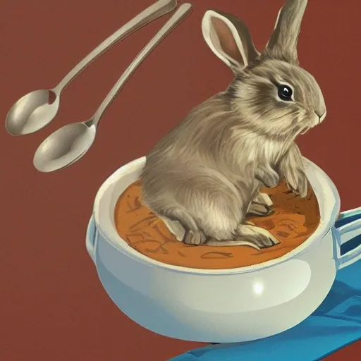 a rabbit holding a spoon in front of a pot of soup. The rabbit is perched on a stool, gazing into the pot with a look of contentment. The image captures the playful and imaginative spirit of the rabbit as it enjoys its soup.