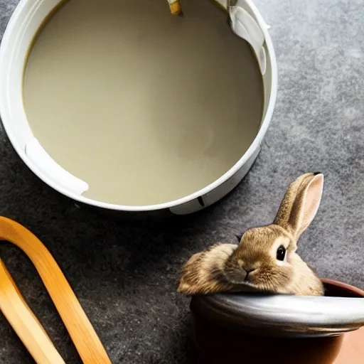 a rabbit holding a spoon in front of a pot of soup. 