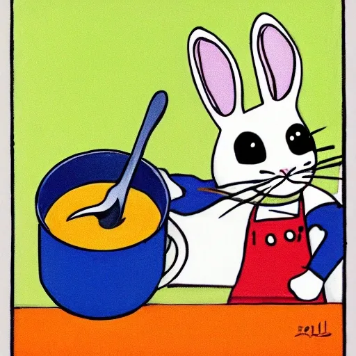 a rabbit holding a spoon in front of a pot of soup, Cartoon