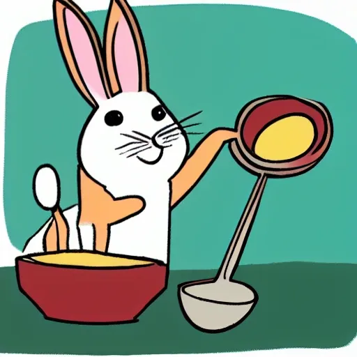 a rabbit holding a spoon， in front of a pot of soup, Cartoon