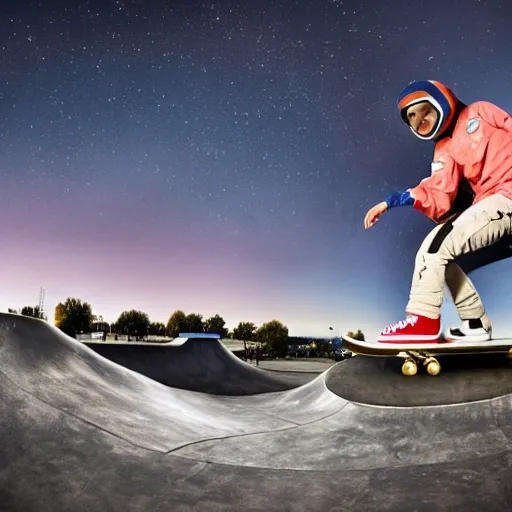 astronauta con una patineta y de fondo un skatepark
, Cartoon