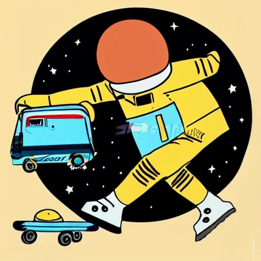  astronauta minimalista dibujo
 con una patineta y de fondo un skatepark
, Cartoon