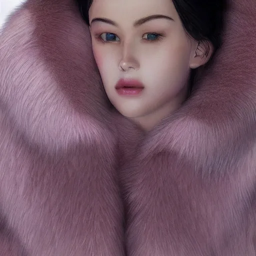 best quality, masterpiece, ultra high res, photorealistic, detailed skin, pink fur coat, lounging