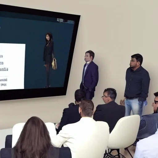 un grupo de expertos en ciberseguridad reunidos en una mesa redonda, viendo una presentación en una pantalla 3d presentada por una bella mujer latina muy elegantemente vestida muy realista