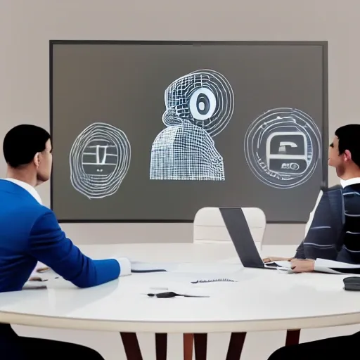 a group of cybersecurity experts gathered around a round table, watching a presentation on a 3d screen presented by a very elegantly dressed beautiful latin woman very realistic, Pencil Sketch