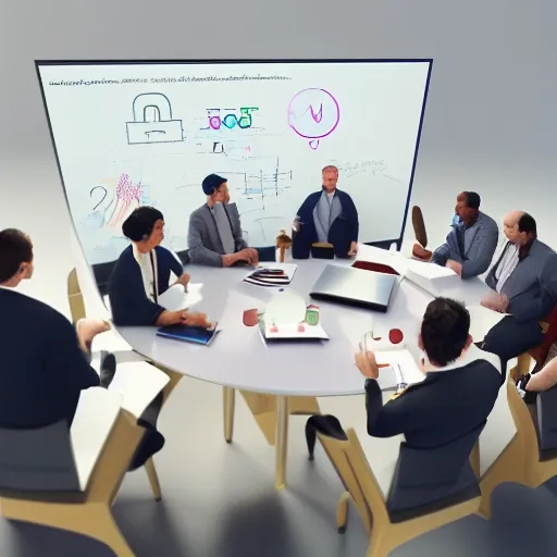 a group of cybersecurity experts gathered around a round table, watching a presentation on a 3d screen presented by a very elegantly dressed beautiful latin woman, Pencil Sketch, 3D