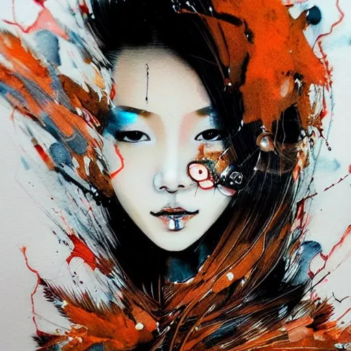 face portrait of MeiyuCipher 1girl orange spike aura in motion, damaged chinese clothes, floating pieces, trending on artstation, sharp focus, intricate details, highly detailed, detailed face (ink and watercolor painting, brushstrokes, by Russ Mills and Yoji Shinkawa) best quality, absurdres, (negative space) , <lora:GlowingRunesAIV3:0.5>