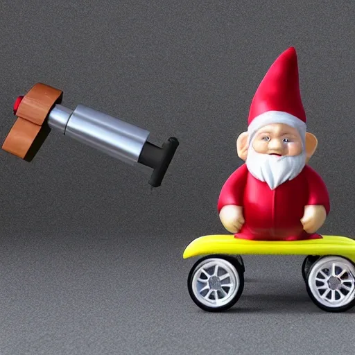 a gnome on a tricycle with an army rocket launcher
