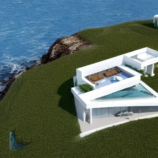 a big white blockvilla on a cliff that is near a pearl beach 
, 3D